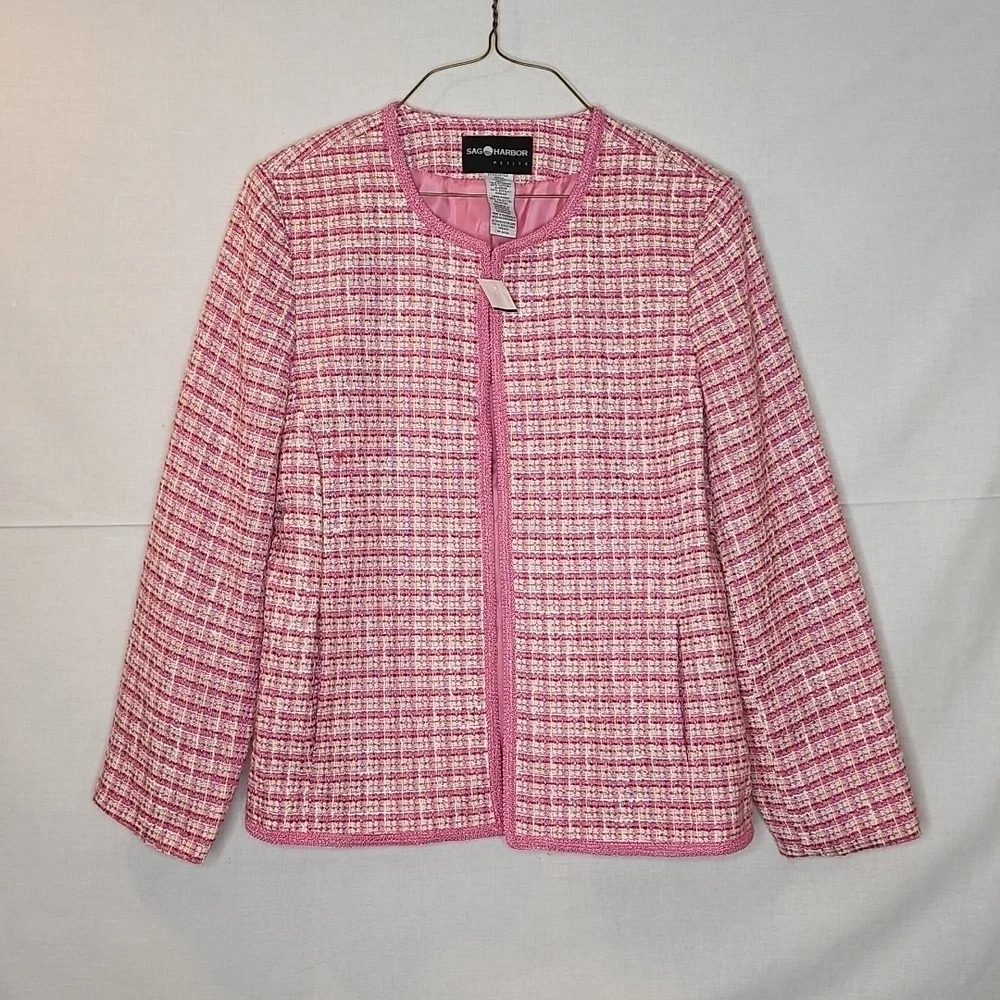 DEADSTOCK Vintage Sag Harbor Petite Pink Grid Pattern Blazer Jacket 10P